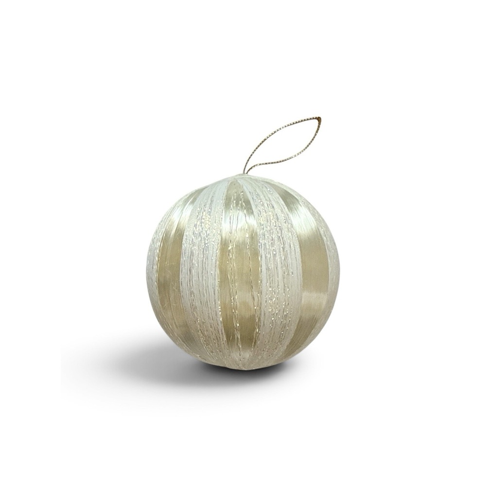 Gold White Glitter vintage satin sheen Stripe Round Christmas Ornament 2in